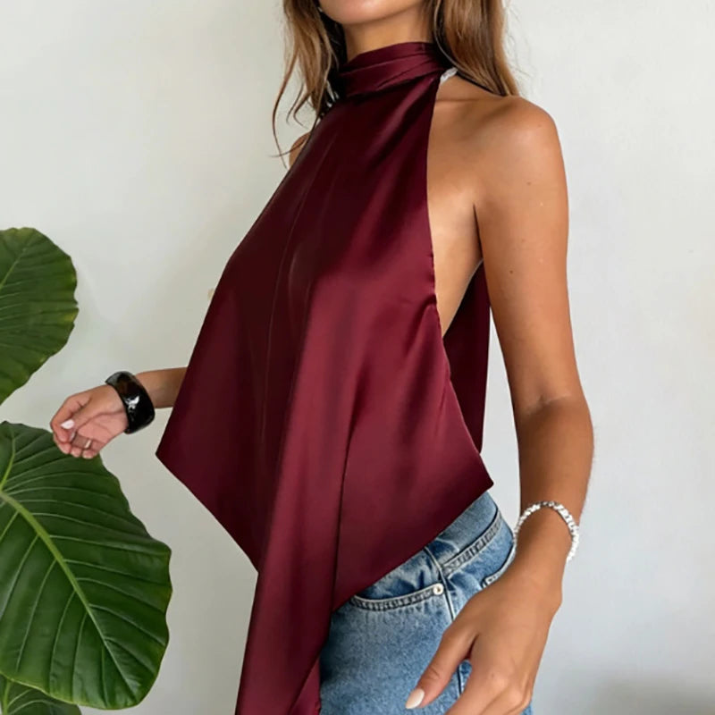 Elina Backless Halter Top in Wine Red