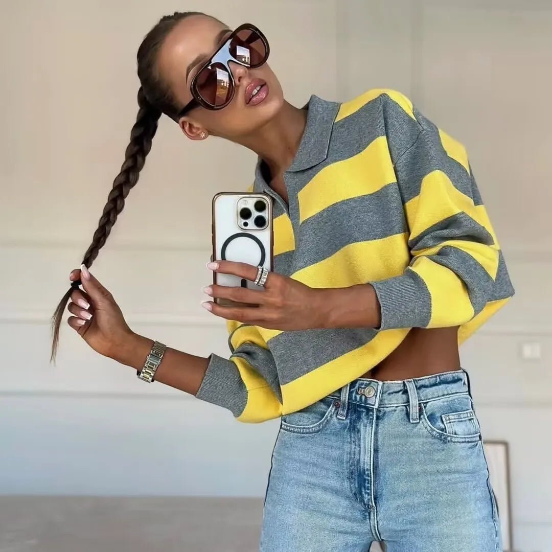 SOERA Elena Striped Polo Neck Sweater - Sweaters & Cardigans - Yellow S