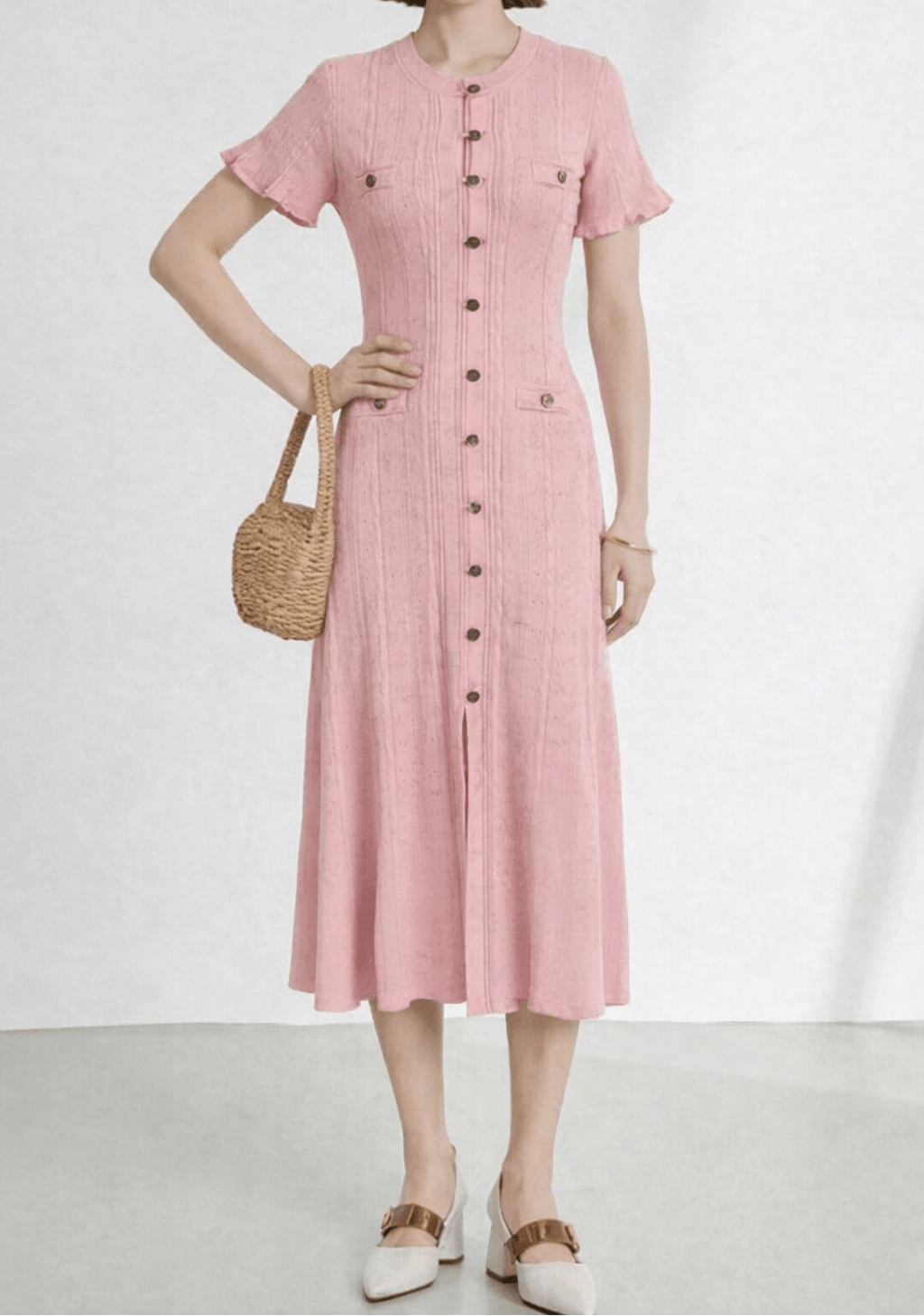 SOERA Hannelore French V-Neck Knitted Slit Dress - Dresses - SOERA-620291-PIN-XS-79235 Pink XS