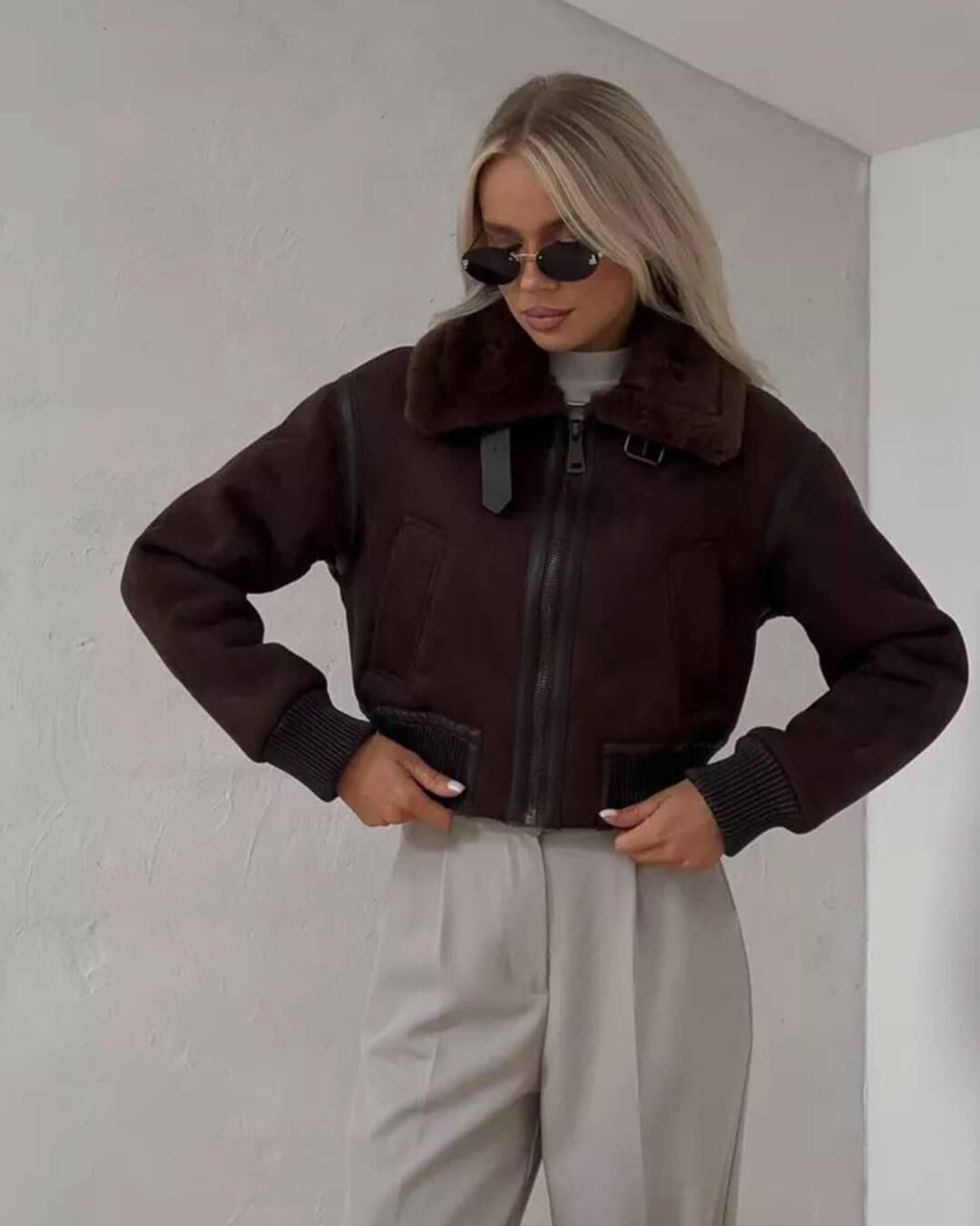 SOERA Esme Suede Short Bomber Jacket - Jackets - 1005006086971689-;MG1764703453922376033 Brown XS