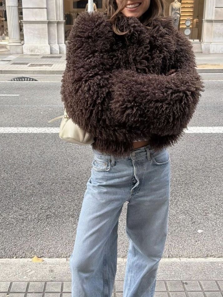 SOERA Liza Fuzzy Faux Fur Coat in Brown