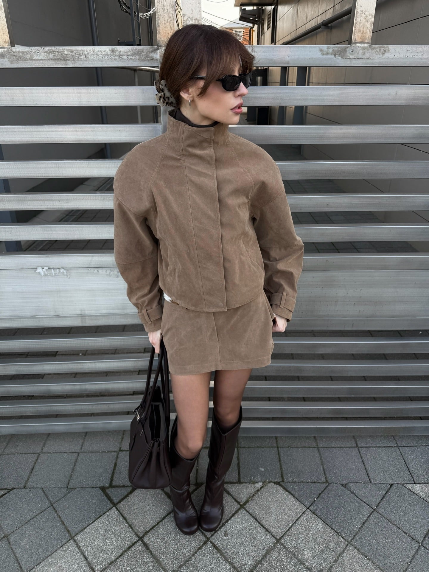 SOERA Lara Suede Cropped Coat & Mini Skirt Set - Matching Set - SOERA-200323-KHA-S-21059 Cropped Coat & Mini Skirt Set Beige