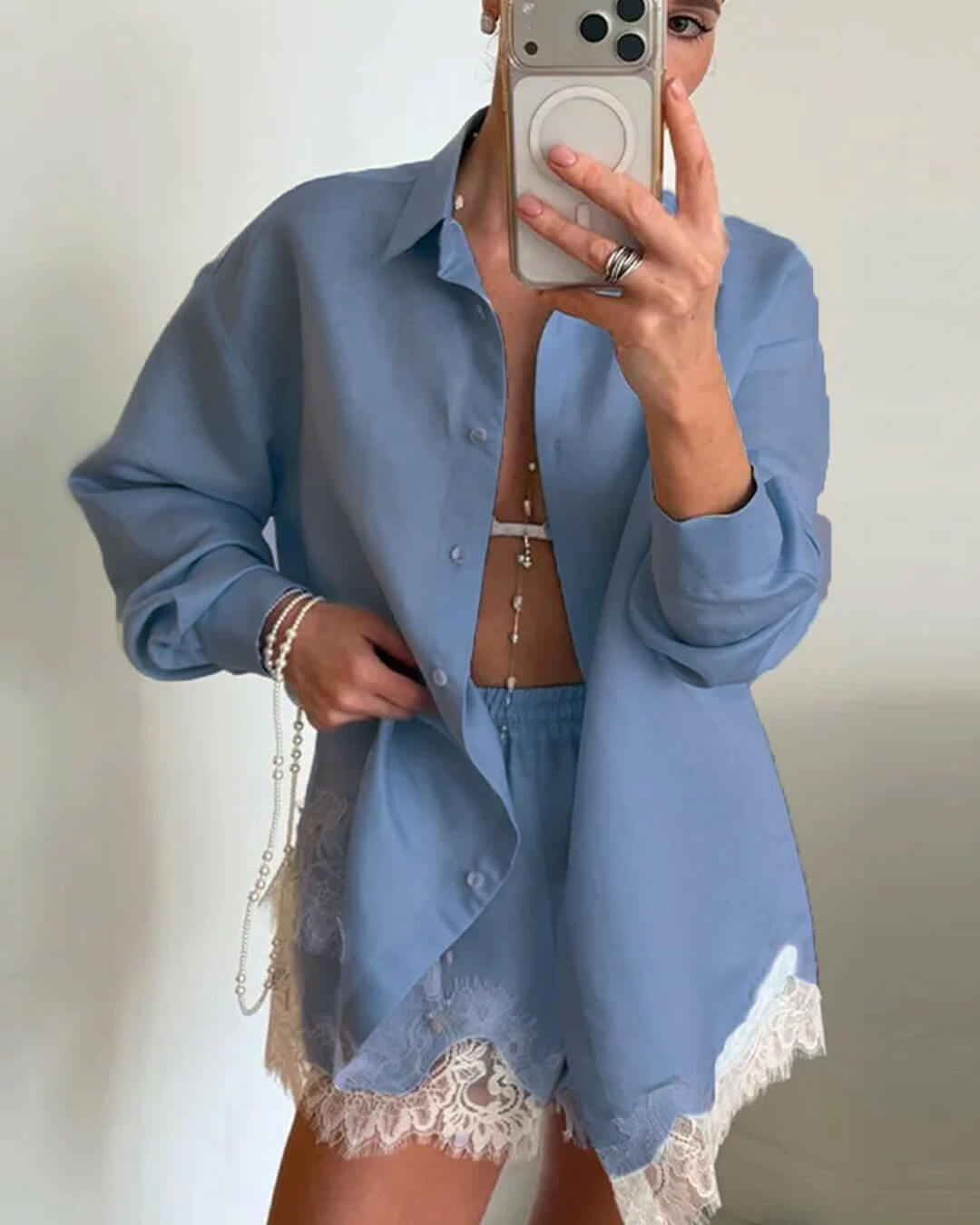 SOERA Celeste Lace Patchwork Beach Shirt Set - Matching Sets - SOERA-703875-BLU-S-73027 Blue S