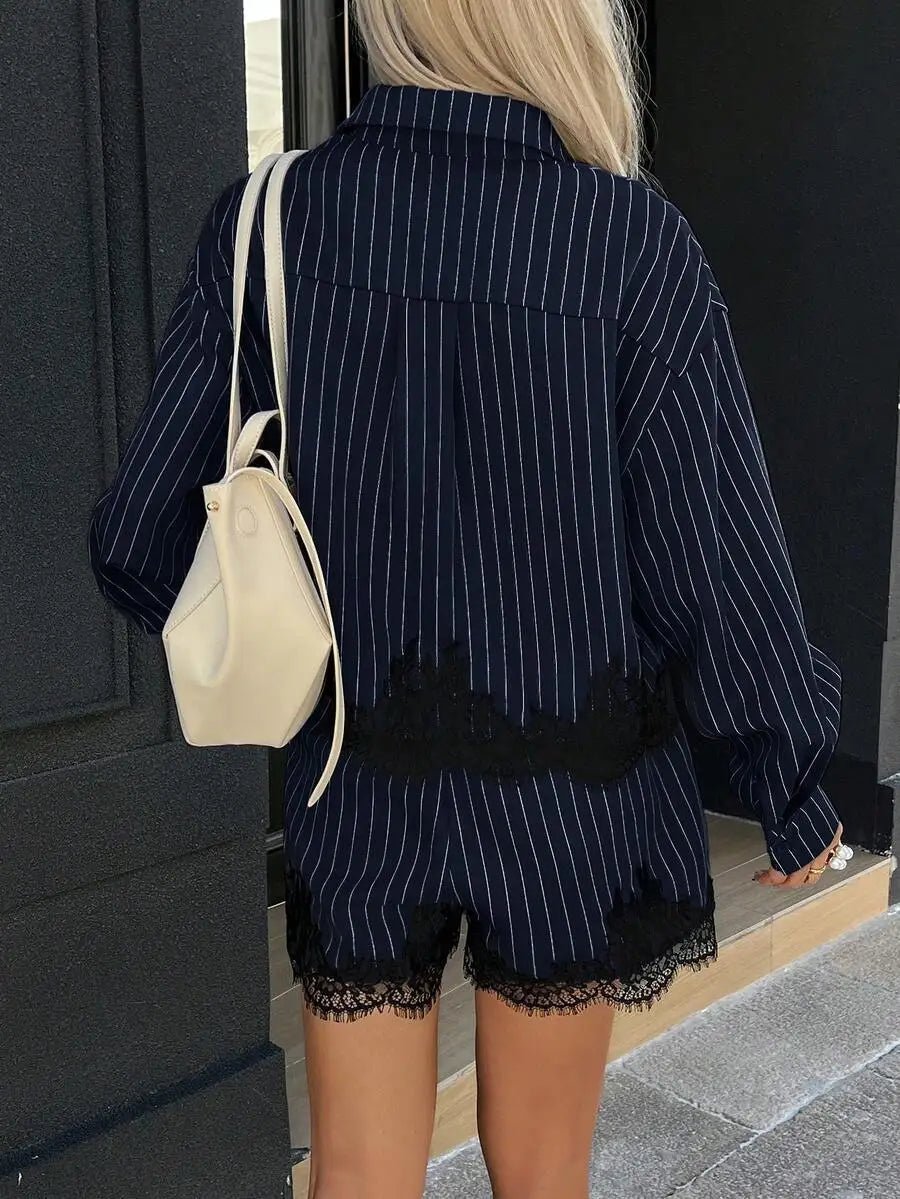 SOERA Kate Pinstripe Lace Trim Hem Shorts Set - Shorts Set - SOERA-034499-DEF-OS-64355 Navy S